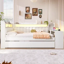 Lit Gigogne 140x200 cm - Lit Double Rembourré avec LED et Ports USB, Bureau Intégré, sans Matelas - MDF Blanc