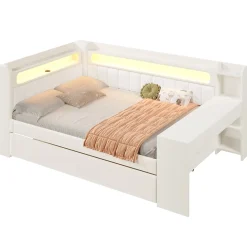 Lit Gigogne 140x200 cm - Lit Double Rembourré avec LED et Ports USB, Bureau Intégré, sans Matelas - MDF Blanc