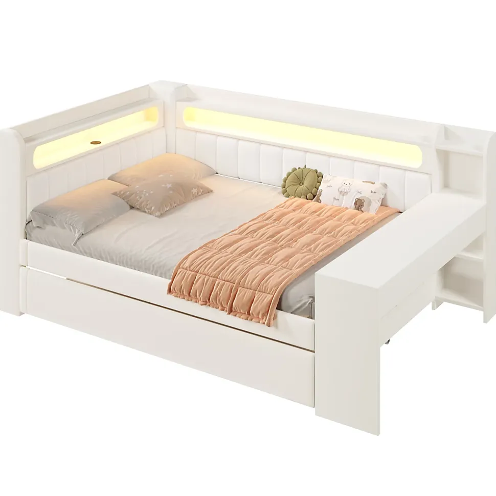 Lit Gigogne 140x200 cm - Lit Double Rembourré avec LED et Ports USB, Bureau Intégré, sans Matelas - MDF Blanc