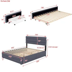 Lit Gigogne 140x200 cm - Lit Double avec Tiroirs et Rangement Extensible - Lit D'Appoint Adulte - Lin Gris - Sans Matelas