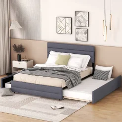 Lit Gigogne 140x200 cm - Lit Double avec Tiroirs et Rangement Extensible - Lit D'Appoint Adulte - Lin Gris - Sans Matelas