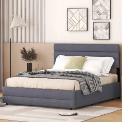 Lit Gigogne 140x200 cm - Lit Double avec Tiroirs et Rangement Extensible - Lit D'Appoint Adulte - Lin Gris - Sans Matelas