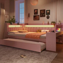 Lit Gigogne 140x200 cm - Lit Double Rembourré avec LED et Ports USB, Bureau Intégré, sans Matelas - MDF Rose