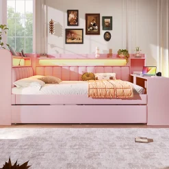 Lit Gigogne 140x200 cm - Lit Double Rembourré avec LED et Ports USB, Bureau Intégré, sans Matelas - MDF Rose