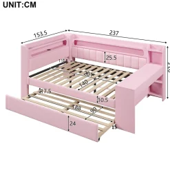Lit Gigogne 140x200 cm - Lit Double Rembourré avec LED et Ports USB, Bureau Intégré, sans Matelas - MDF Rose