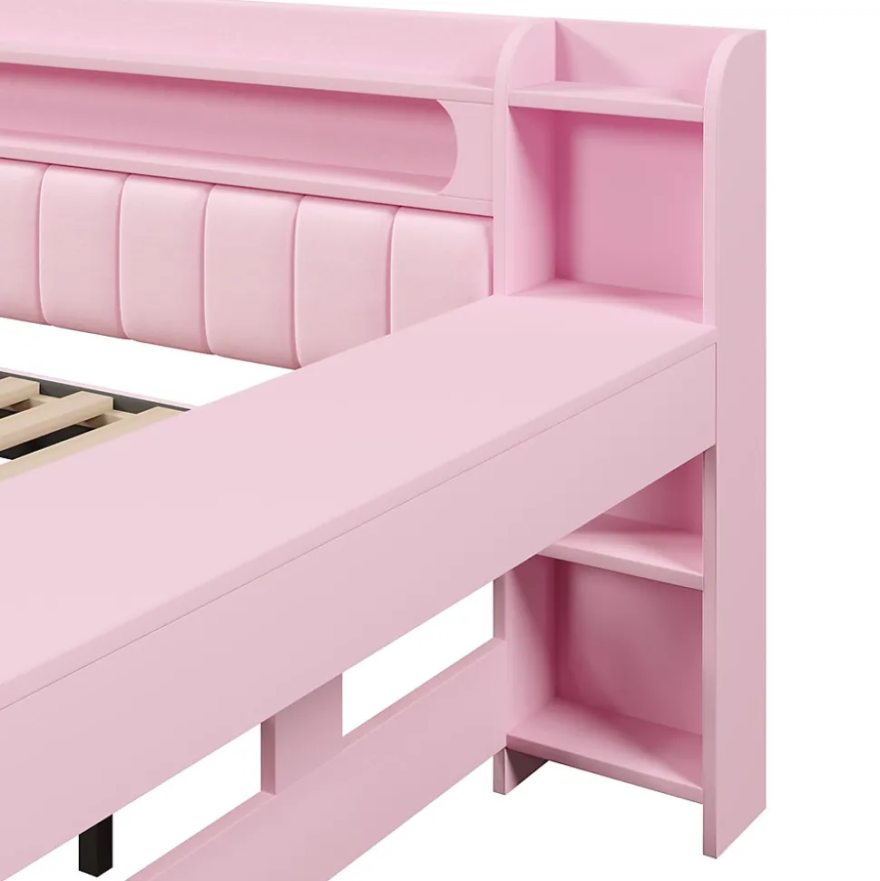 Lit Gigogne 140x200 cm - Lit Double Rembourré avec LED et Ports USB, Bureau Intégré, sans Matelas - MDF Rose