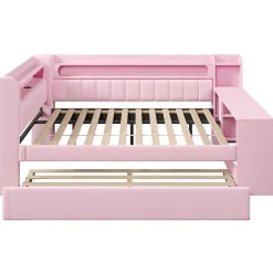 Lit Gigogne 140x200 cm - Lit Double Rembourré avec LED et Ports USB, Bureau Intégré, sans Matelas - MDF Rose