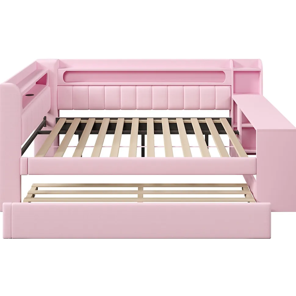 Lit Gigogne 140x200 cm - Lit Double Rembourré avec LED et Ports USB, Bureau Intégré, sans Matelas - MDF Rose