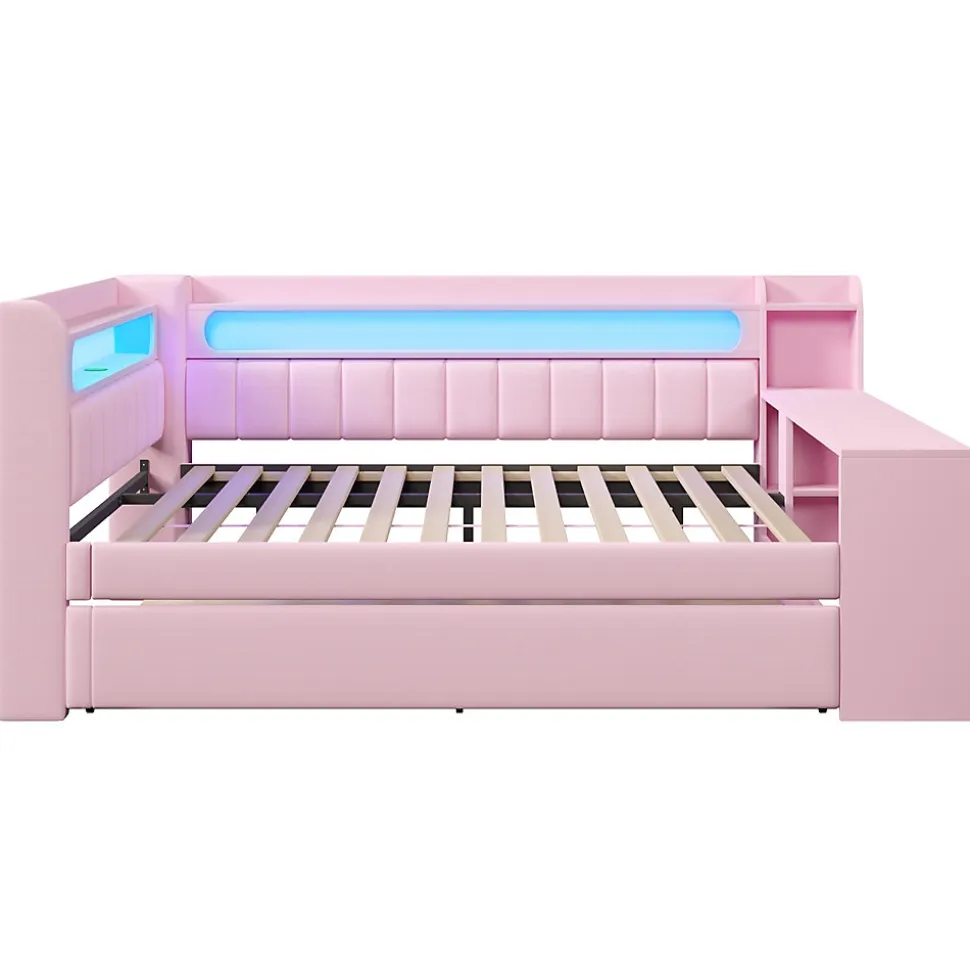 Lit Gigogne 140x200 cm - Lit Double Rembourré avec LED et Ports USB, Bureau Intégré, sans Matelas - MDF Rose