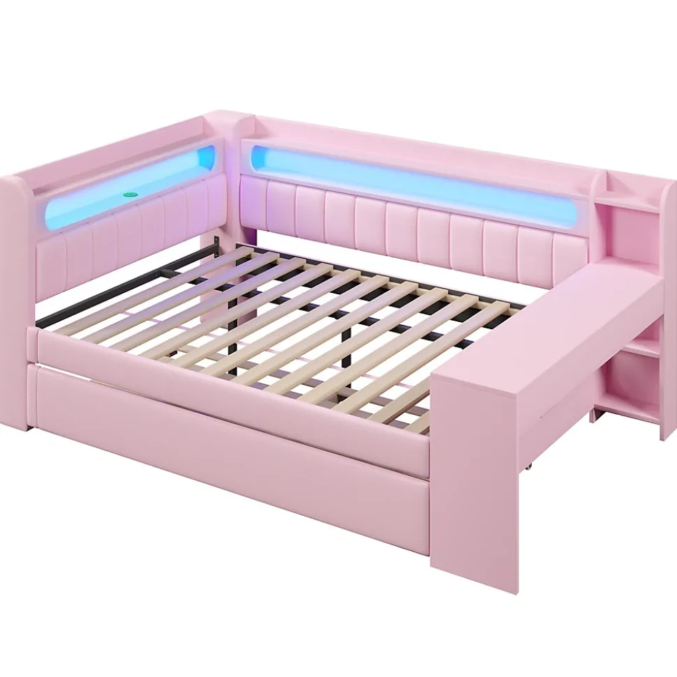 Lit Gigogne 140x200 cm - Lit Double Rembourré avec LED et Ports USB, Bureau Intégré, sans Matelas - MDF Rose