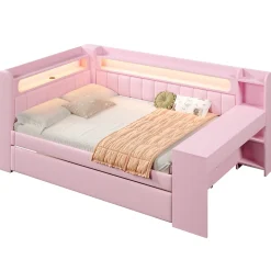 Lit Gigogne 140x200 cm - Lit Double Rembourré avec LED et Ports USB, Bureau Intégré, sans Matelas - MDF Rose