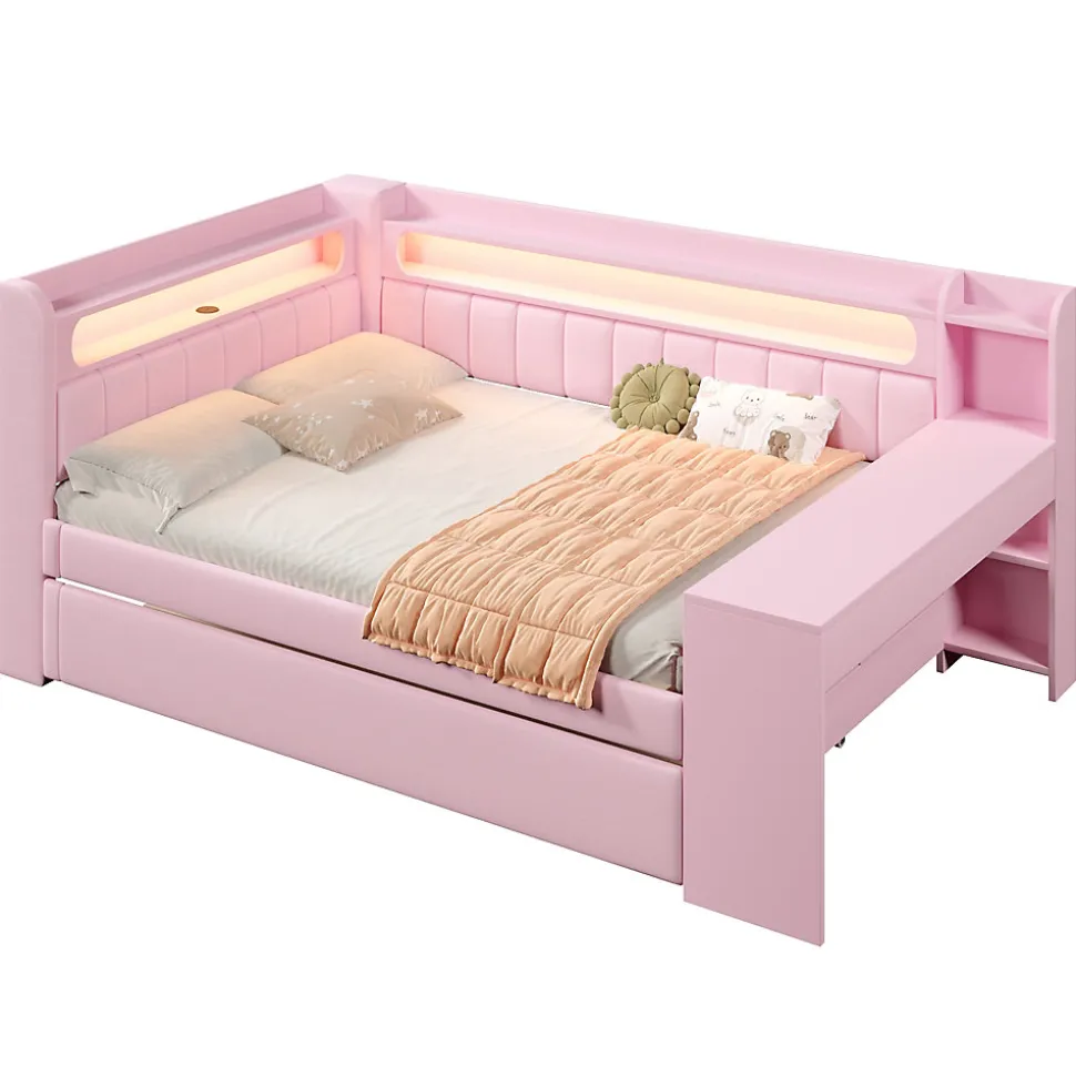 Lit Gigogne 140x200 cm - Lit Double Rembourré avec LED et Ports USB, Bureau Intégré, sans Matelas - MDF Rose