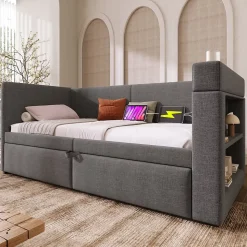 Lit Gigogne 90x200 cm - Lit Enfant avec Ports USB et Type-C, Porte-Gobelet, sans Matelas, Tissu Lin, Gris