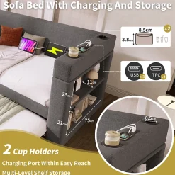 Lit Gigogne 90x200 cm - Lit Enfant avec Ports USB et Type-C, Porte-Gobelet, sans Matelas, Tissu Lin, Gris