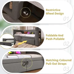 Lit Gigogne 90x200 cm - Lit Enfant avec Ports USB et Type-C, Porte-Gobelet, sans Matelas, Tissu Lin, Gris