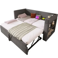 Lit Gigogne 90x200 cm - Lit Enfant avec Ports USB et Type-C, Porte-Gobelet, sans Matelas, Tissu Lin, Gris