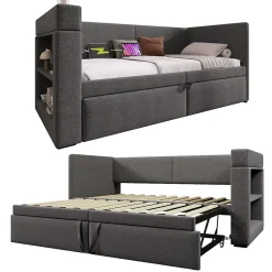 Lit Gigogne 90x200 cm - Lit Enfant avec Ports USB et Type-C, Porte-Gobelet, sans Matelas, Tissu Lin, Gris