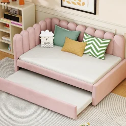 Lit Gigogne 140x200 cm - Lit Enfant Velours avec Rangement et Lit Extensible L-Forme, Sans Matelas, Rose