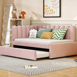 Lit Gigogne 140x200 cm - Lit Enfant Velours avec Rangement et Lit Extensible L-Forme, Sans Matelas, Rose