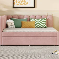 Lit Gigogne 140x200 cm - Lit Enfant Velours avec Rangement et Lit Extensible L-Forme, Sans Matelas, Rose