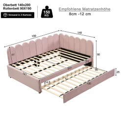 Lit Gigogne 140x200 cm - Lit Enfant Velours avec Rangement et Lit Extensible L-Forme, Sans Matelas, Rose