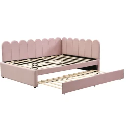 Lit Gigogne 140x200 cm - Lit Enfant Velours avec Rangement et Lit Extensible L-Forme, Sans Matelas, Rose
