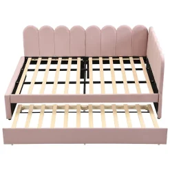 Lit Gigogne 140x200 cm - Lit Enfant Velours avec Rangement et Lit Extensible L-Forme, Sans Matelas, Rose