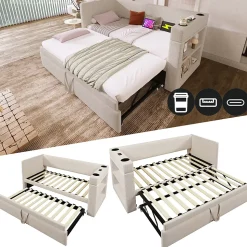 Lit Gigogne 90x190 cm - Lit Enfant avec Ports USB et Type-C, Porte-Gobelet, sans Matelas, Tissu Lin, Beige