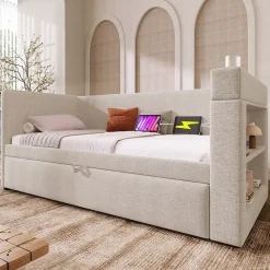 Lit Gigogne 90x190 cm - Lit Enfant avec Ports USB et Type-C, Porte-Gobelet, sans Matelas, Tissu Lin, Beige