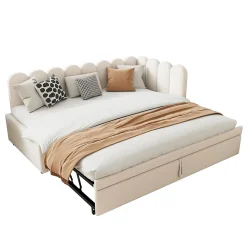 Lit Gigogne 90x200 cm - Lit Enfant Velours avec Rangement et Lit Extensible, 2-en-1 Multifonction, Sans Matelas, Beige