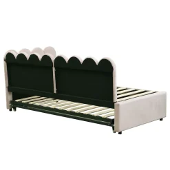 Lit Gigogne 90x200 cm - Lit Enfant Velours avec Rangement et Lit Extensible, 2-en-1 Multifonction, Sans Matelas, Beige