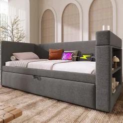 Lit Gigogne 90x190 cm - Lit Enfant avec Ports USB et Type-C, Porte-Gobelet, sans Matelas, Tissu Lin, Gris