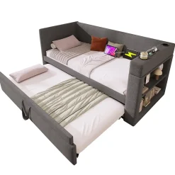 Lit Gigogne 90x190 cm - Lit Enfant avec Ports USB et Type-C, Porte-Gobelet, sans Matelas, Tissu Lin, Gris