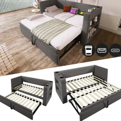 Lit Gigogne 90x190 cm - Lit Enfant avec Ports USB et Type-C, Porte-Gobelet, sans Matelas, Tissu Lin, Gris