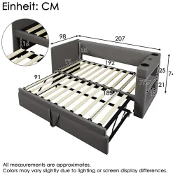 Lit Gigogne 90x190 cm - Lit Enfant avec Ports USB et Type-C, Porte-Gobelet, sans Matelas, Tissu Lin, Gris