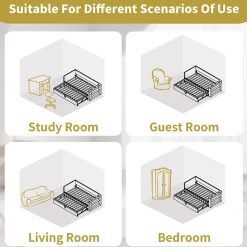 Lit Gigogne 90x190 cm - Lit Enfant avec Ports USB et Type-C, Porte-Gobelet, sans Matelas, Tissu Lin, Gris