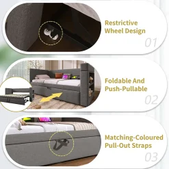 Lit Gigogne 90x190 cm - Lit Enfant avec Ports USB et Type-C, Porte-Gobelet, sans Matelas, Tissu Lin, Gris