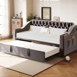 Lit Gigogne 90x190 cm - Lit Enfant en Velours avec Rangement et Port USB, Sommier à Lattes, Sans Matelas, Gris Foncé