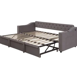 Lit Gigogne 90x190 cm - Lit Enfant en Velours avec Rangement et Port USB, Sommier à Lattes, Sans Matelas, Gris Foncé