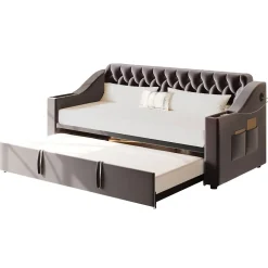 Lit Gigogne 90x190 cm - Lit Enfant en Velours avec Rangement et Port USB, Sommier à Lattes, Sans Matelas, Gris Foncé