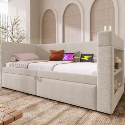 Lit Gigogne 90x200 cm - Lit Enfant avec Ports USB et Type-C, Porte-Gobelet, sans Matelas, Tissu Lin, Beige