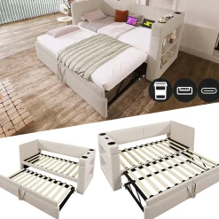 Lit Gigogne 90x200 cm - Lit Enfant avec Ports USB et Type-C, Porte-Gobelet, sans Matelas, Tissu Lin, Beige