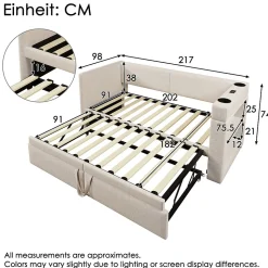 Lit Gigogne 90x200 cm - Lit Enfant avec Ports USB et Type-C, Porte-Gobelet, sans Matelas, Tissu Lin, Beige