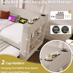 Lit Gigogne 90x200 cm - Lit Enfant avec Ports USB et Type-C, Porte-Gobelet, sans Matelas, Tissu Lin, Beige