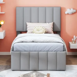 Lit Gigogne 90x200 cm - Lit enfant avec Tiroirs et Lit Gigogne, Revêtement en Lin, MDF et Métal - sans matelas - Gris