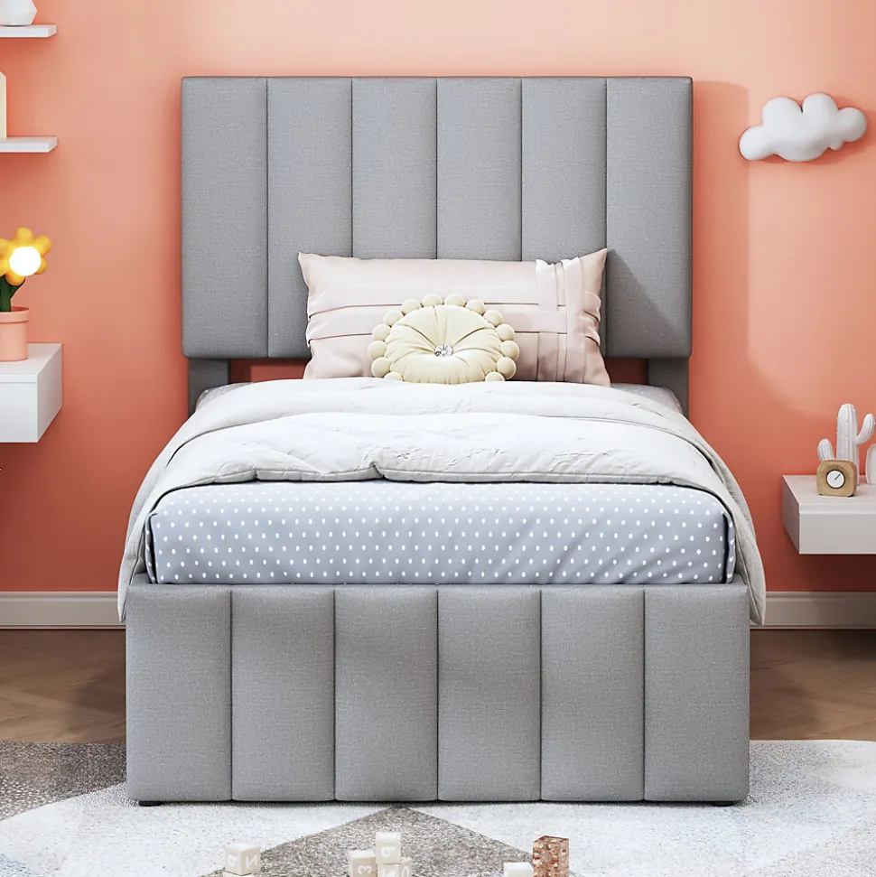 Lit Gigogne 90x200 cm - Lit enfant avec Tiroirs et Lit Gigogne, Revêtement en Lin, MDF et Métal - sans matelas - Gris