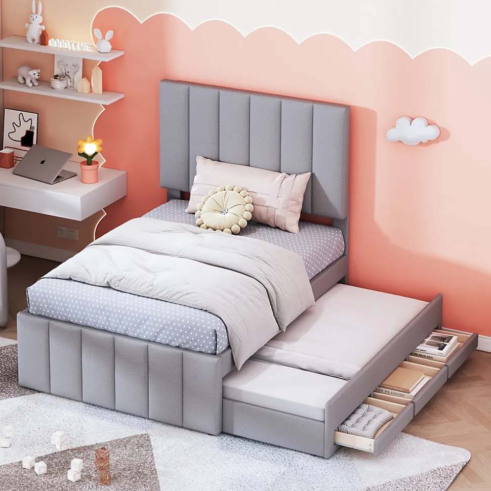 Lit Gigogne 90x200 cm - Lit enfant avec Tiroirs et Lit Gigogne, Revêtement en Lin, MDF et Métal - sans matelas - Gris