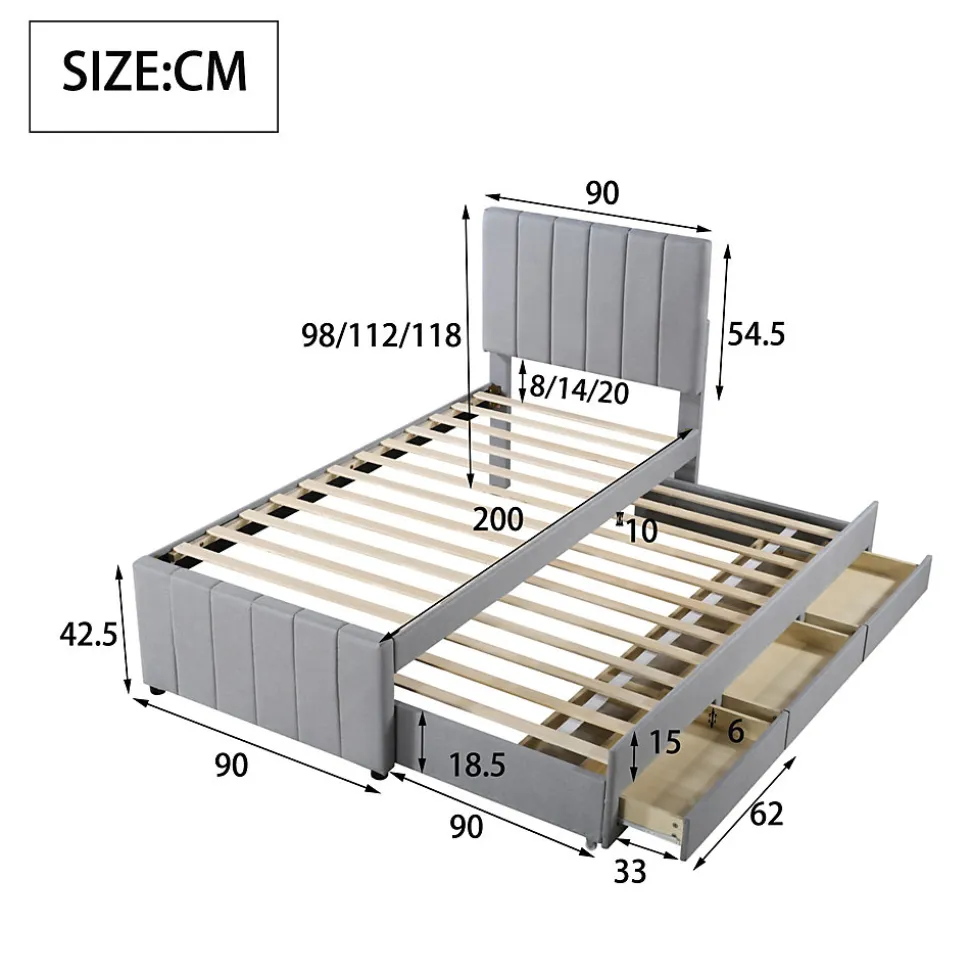 Lit Gigogne 90x200 cm - Lit enfant avec Tiroirs et Lit Gigogne, Revêtement en Lin, MDF et Métal - sans matelas - Gris