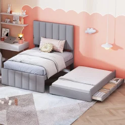 Lit Gigogne 90x200 cm - Lit enfant avec Tiroirs et Lit Gigogne, Revêtement en Lin, MDF et Métal - sans matelas - Gris