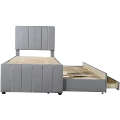 Lit Gigogne 90x200 cm - Lit enfant avec Tiroirs et Lit Gigogne, Revêtement en Lin, MDF et Métal - sans matelas - Gris